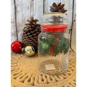 Vintage Christmas Holly Libbey Glass Apothecary Jar, Vintage Christmas Jar